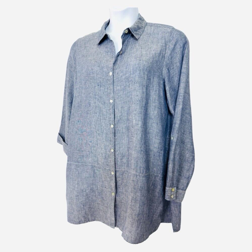 Linen Button-Front Tunic Shirt Dress L Blue Roll-Tab Coastal Summer Resort